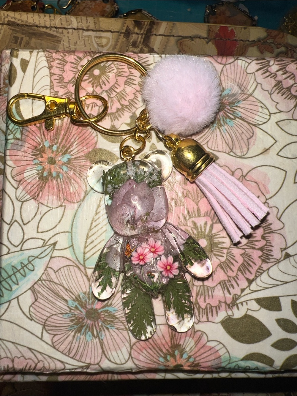 Floral Pink resin Keychain/ backpack charm with Tassel Pom-Pom